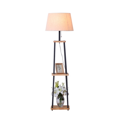 Tapered Drum Living Room Floor Reading Light Rural Fabric 1 Head Black and Wood 3-Tray Floor Lamp with Pull Chain