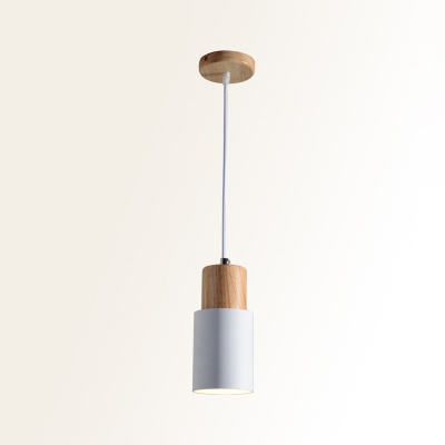 Tube Bedside Down Lighting Pendant Metal Single Macaron Hanging Lamp in Black/White/Pink and Wood