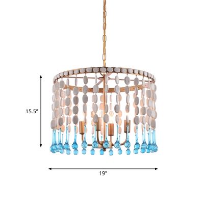 Wooden 1/2-Tiered Fringe Drop Pendant Lodge 4-Bulb Bedroom Ceiling Chandelier with Droplet in Blue-White
