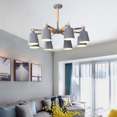 Yellow/Grey/Green Conic Ceiling Hang Light Macaron 8 Lights Metal Chandelier Lamp with Wooden Arm