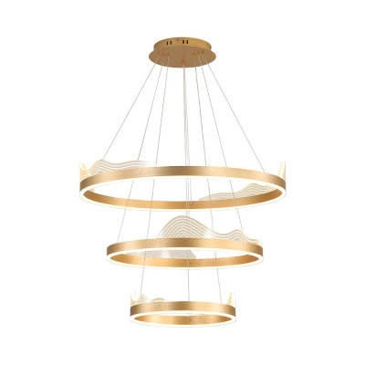 1/2/3-Tiered Round Acrylic Chandelier Lamp Minimalist Gold Small/Large LED Hanging Light with Wavy Trim, Warm/White/3 Color Light