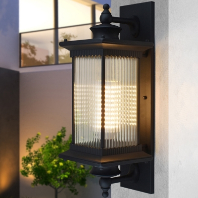 1-Light Lantern Wall Sconce Retro Rectangle Clear Rib Glass Wall Mount Lamp in Black/Coffee/Bronze