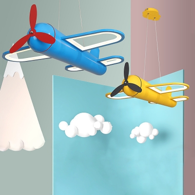 Aircraft Kindergarten LED Chandelier Metal Kids Small/Large Pendant Lighting in Yellow/Blue, Warm/White/3 Color Light