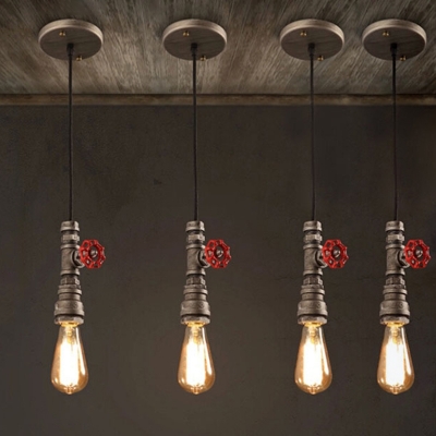 Bare Bulb Design Iron Pendulum Light Warehouse 1 Bulb Dining Room Hanging Pendant with Red Valve and Pipe Socket in Rust