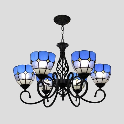 Bell Chandelier Mediterranean Stained Glass 6-Head Blue Hanging Light with Scroll Arm
