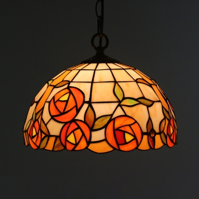 Black 1-Light Hanging Pendant Tiffany Stained Glass Half-Globe Ceiling Lamp with Rose/Flower/Bird Pattern