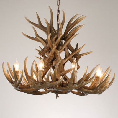 Brown Deer Horn Suspension Lamp Rustic Resin 9 Lights Living Room Ceiling Chandelier