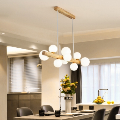 Bubble Milk Glass Island Light Fixture Modern 7/9-Light Wood Hanging Lamp over Dining Table