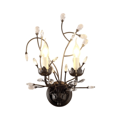 Candle Bedside Wall Mount Lamp Country Metal 2 Heads Black Wall Lighting with Crystal Twig Decor