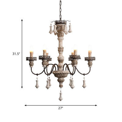 Candle Restaurant Ceiling Hang Light Rural Wood 6 Bulbs Distressed White Chandelier with/without Shade