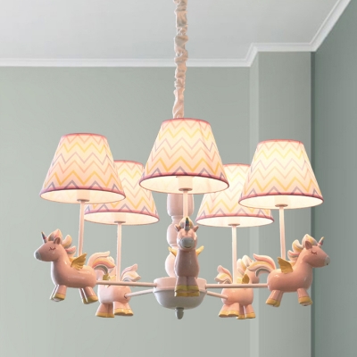Carousel Girls Bedroom Chandelier Resin 5-Bulb Cartoon Drop Lamp with Chevron Print Fabric Shade in Pink