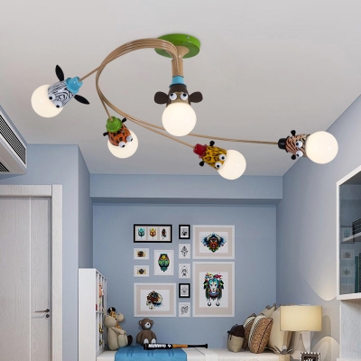 Cartoon Animal Head Semi Flush Mount Metal 3/4/5-Head Kindergarten Ceiling Light with Spiral Design in Coffee