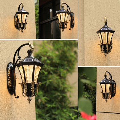 Clear Rib Glass Flared Lantern Sconce Vintage Gateway LED Solar Wall Mount Lamp in Black
