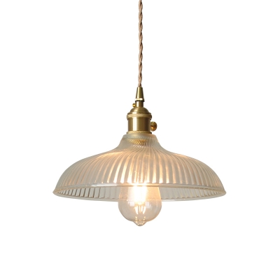 Clear Ribbed Glass Brass Drop Pendant Bowl Shade 1-Light Farmhouse Ceiling Suspension Lamp