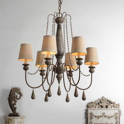 Cone Shade Fabric Chandelier French Country 6-Head Dining Room Drop Lamp with Swooping Arm in Distressed Wood