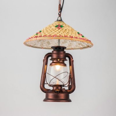 Copper/Brass/Black Single Pendant Lamp Farmhouse Bamboo Conical Hat Suspension Light with Kerosene Clear Glass Shade