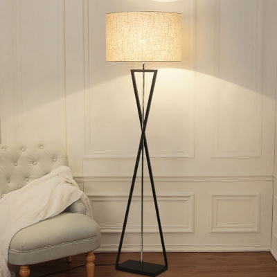 Drum Shade Floor Standing Lamp Nordic Fabric 1 Bulb Black/White Floor Light with Hourglass Shaped Base
