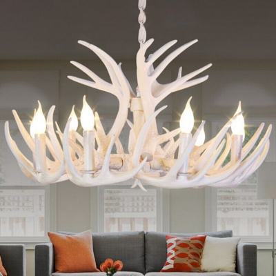 Farmhouse Antler Pendant Lighting 6/9-Bulb Resin Chandelier Lamp in White for Living Room
