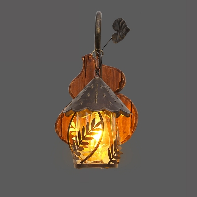 Farmhouse Hut Shaped Wall Light Single-Bulb Clear Glass Sconce Lamp with Wood Backplate in Brown