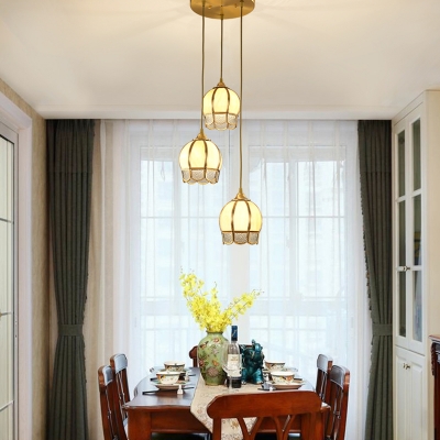 Flowerbud Shaped Frost Glass Pendant Vintage 3 Bulbs Dining Room Ceiling Hang Light in Gold with Round/Linear Canopy