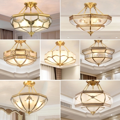 Frost Glass Basket Semi Flush Light Fixture Traditional 3/4/6 Lights Bedroom Close to Ceiling Lamp in Gold