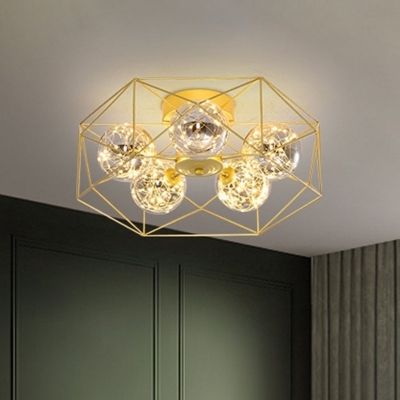 Gold Wire Cage Semi Flush Light Modern 5 Lights Clear Ball Glass LED Ceiling Mount Lamp in Warm/Natural Light