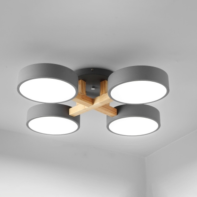 Grey/White and Wood Round Flushmount Nordic 3/4/7 Heads Acrylic LED Semi Flush Mount Ceiling Light for Bedroom