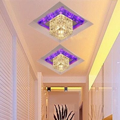 Hammered Crystal Square Ceiling Fixture Modern Clear LED Flush Mounted Light in Blue/Purple/Warm Light, 5.5
