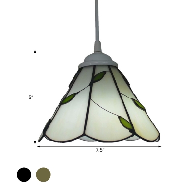Hand-Cut Glass Cone Pendant Lighting Baroque 1 Bulb White/Bronze Ceiling Hang Lamp with Scalloped Trim