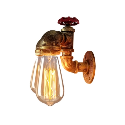 Industrial Faucet Wall Mount Light 2 Heads Iron Wall Lighting Ideas in Rust with Valve Decoration