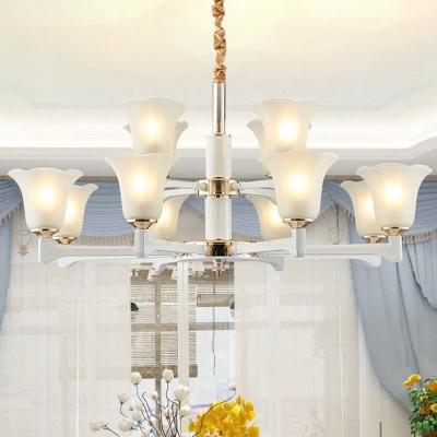 Ivory Floral Up Chandelier Lamp Modern 6/8/12-Bulb Frosted Glass Pendant Lighting Fixture for Bedroom
