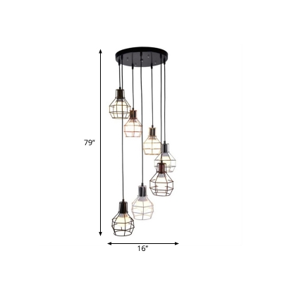 Loft Wire Cage Multi-Pendant 7 Bulbs Iron Hanging Light Fixture in Black for Dining Room