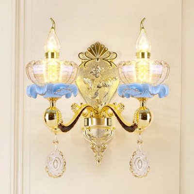 Lotus/Bowl/Ruffle Bedside Wall Lamp Traditional Clear/Frosted Glass 1/2-Light Gold Wall Sconce with Crystal Drop