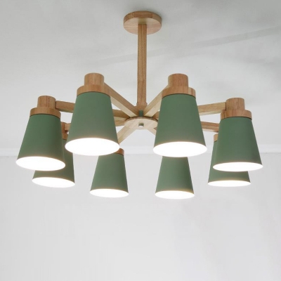 Macaron Horn Shaped Chandelier Metal 8 Heads Bedroom Hanging Light in Grey/Green with Wood Arm