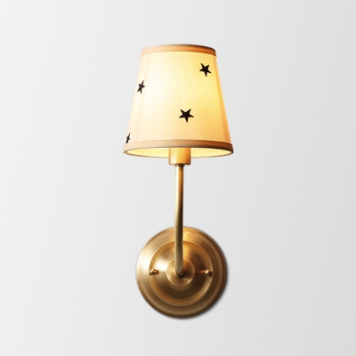 Metal Candle Wall Lamp Countryside 1-Light Bedroom Wall Mounted Light in Gold with Cone Fabric Shade