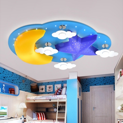 Moon and Star Ceiling Lamp Cartoon Wooden LED Blue Flush Mounted Light for Baby Room