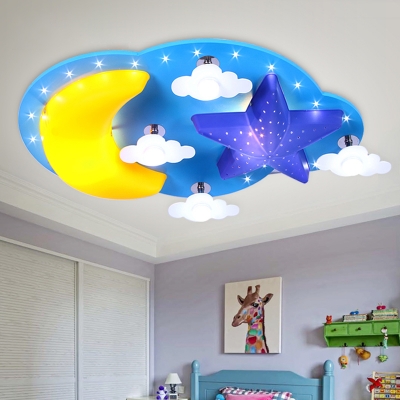 Moon and Star Ceiling Lamp Cartoon Wooden LED Blue Flush Mounted Light for Baby Room