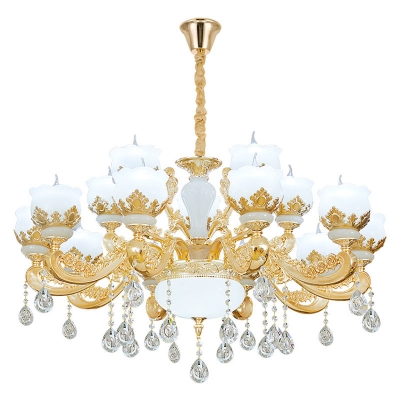 Opal Glass Flowerbud Pendant Light Traditional 8/12/15 Heads Living Room Chandelier in Gold with Draping Crystal