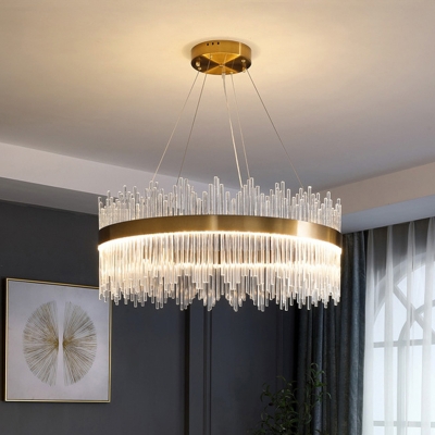 Oval/Round Living Room Chandelier Pendant Crystal Rod Postmodern LED Hanging Light Kit in Gold, 31.5