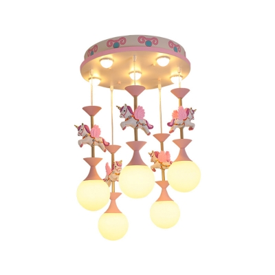 Pink/Blue Carousel Pendant Light Kit Kids Style 1/6/11-Light Suspension Lamp with Ball Milk Glass Shade