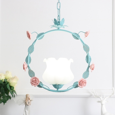 Pink/Blue Wreath Pendulum Light Pastoral Flower Opal Glass Single Living Room Down Lighting Pendant