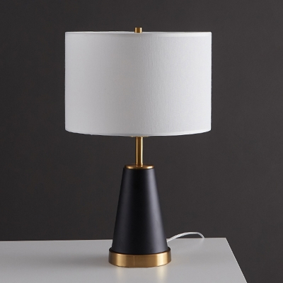 Postmodern Cylinder Night Lamp Fabric Living Room Table Lighting with Cone Base in Black/Brass