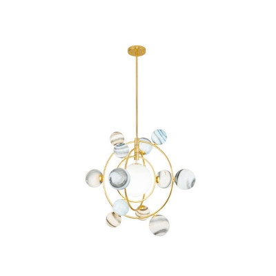 Postmodern Planet Chandelier Stained Glass 7/13 Lights Living Room Cord-Hang/Downrod Pendant Lamp in Gold