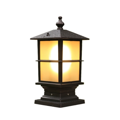 Rectangle Frosted Glass Post Lantern Rustic 1 Light Patio Pillar Lighting with Grille in Coffee