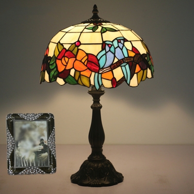 Red 1-Bulb Nightstand Lamp Tiffany Stained Glass Dome Table Light with Bird and Flower Pattern