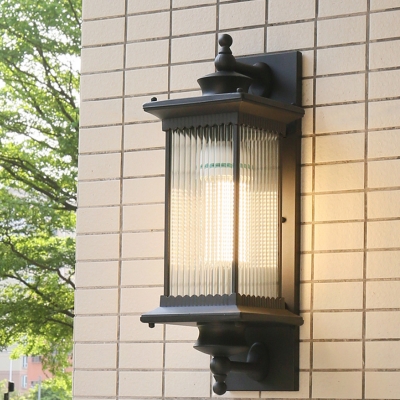 Ribbed Glass Cuboid Wall Lamp Vintage 1-Bulb Courtyard Sconce Light in Black/Coffee/Bronze, 23