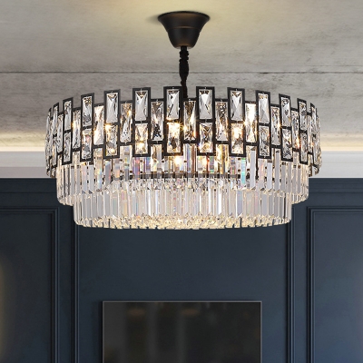 Round/Rectangle Tiered Chandelier Lighting Contemporary Faceted Clear Crystal Prism 8/10/15/20 Bulbs Black Small/Large Suspension Lamp