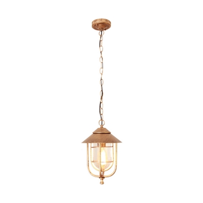 Rustic Bell Shaped Pendulum Light Single Clear Glass Ceiling Pendant with Cone Top and Cage, Black/Bronze