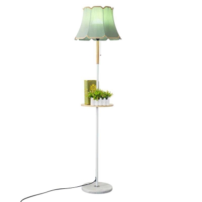 Rustic Paneled Bell Floor Lamp 1 Head Fabric Pull Chain Floor Light in White/Green with Wood Tray