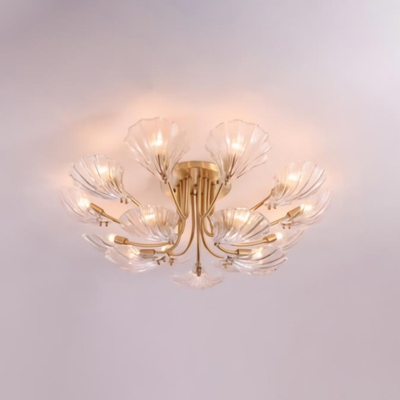 Scallop Shaped Semi Flush Mount Light Postmodern Clear Glass 6/8/15-Bulb Gold Close to Ceiling Lamp